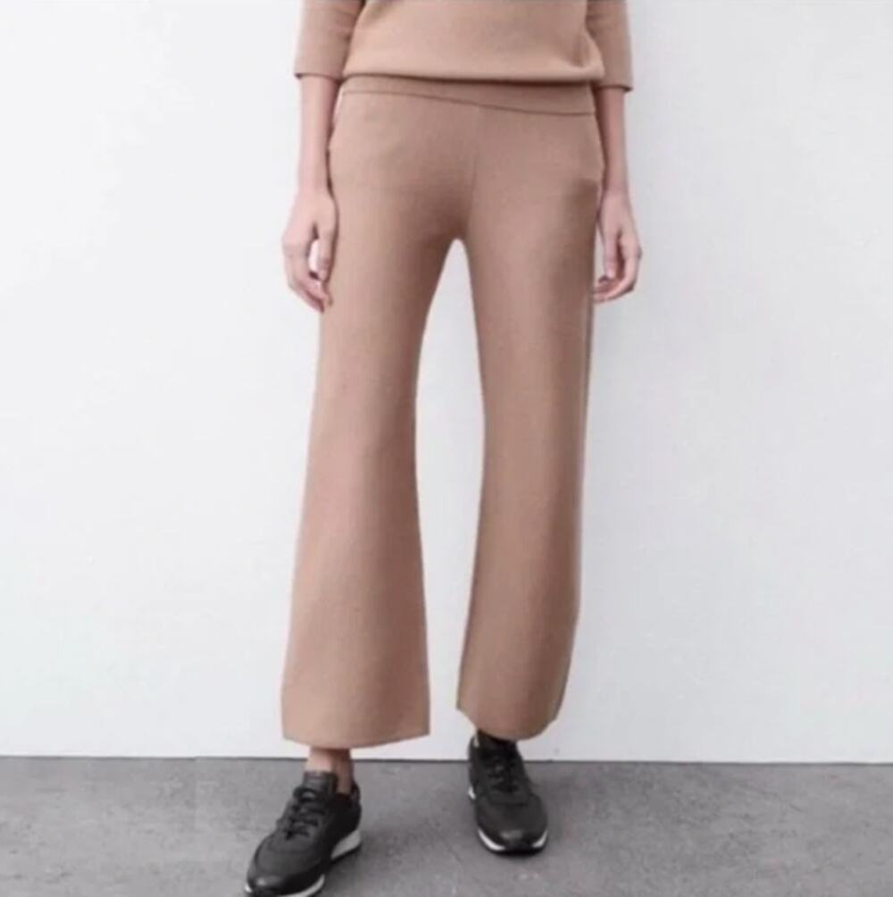 THE RESET R LABEL 100% Wool Wide Leg Knit Pants Tan Sz XL {3U34}